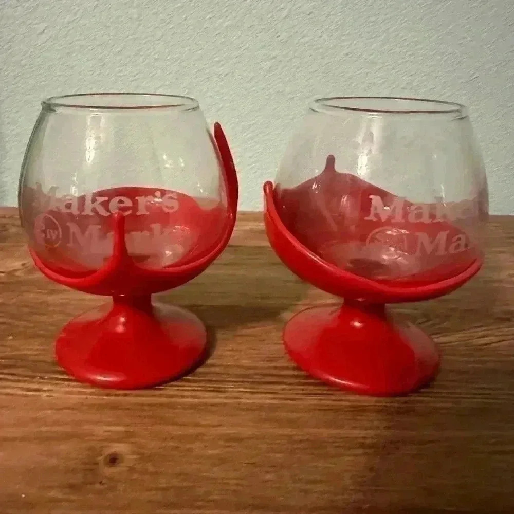Makers Mark Whiskey Bourbon Glass Dipped Red Wax RARE Snifter Glasses Set Of 2